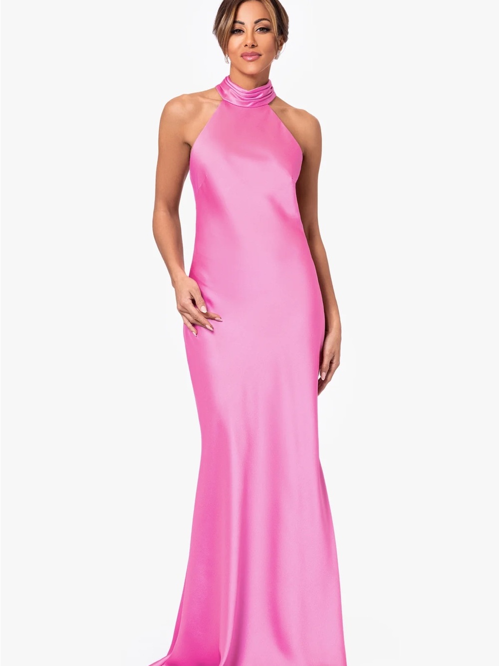 NWT Xscape Hot Pink Halter Satin Maxi Gown